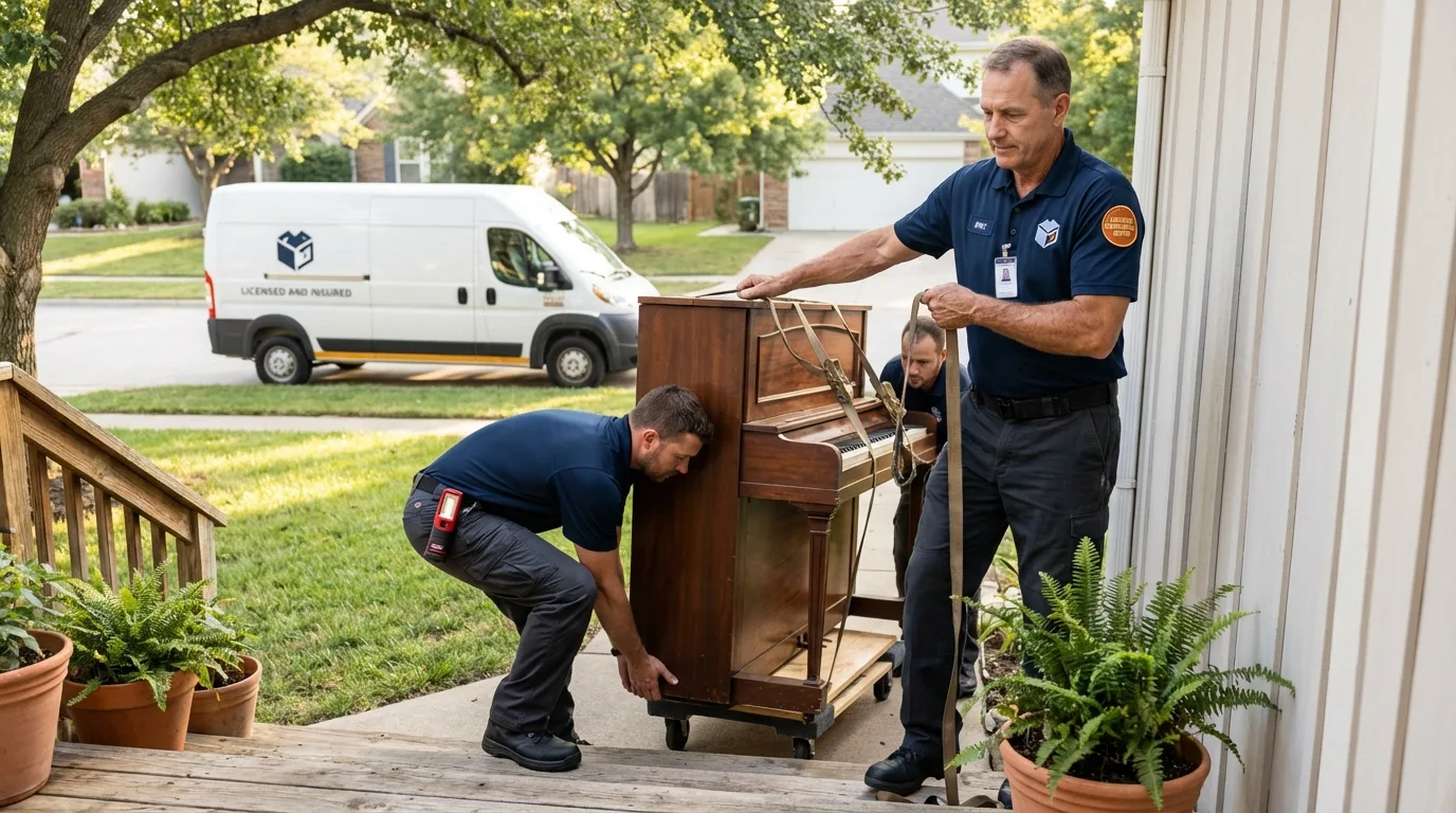Licensed piano movers securing grand piano in Norway, ME