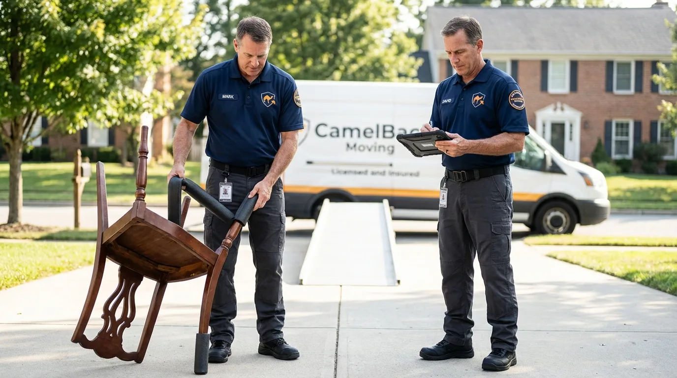 Movers inspecting furniture for damage prevention before loading in Norway, ME