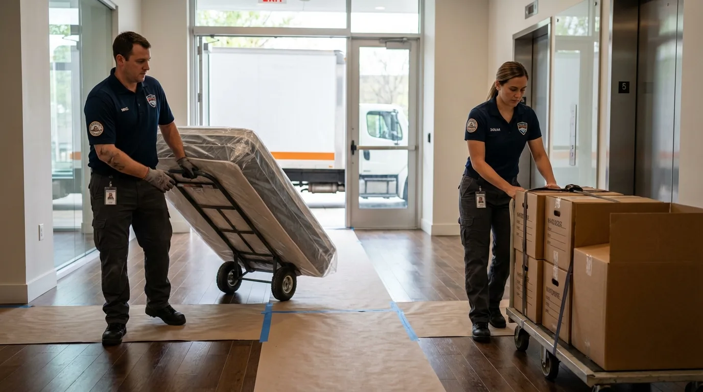 Professional apartment movers loading elevator in Norway, ME