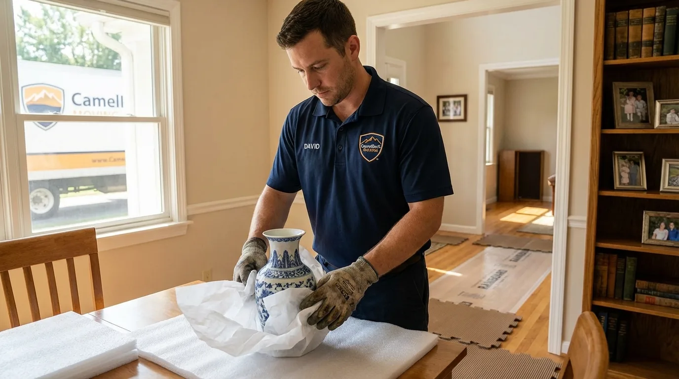 Professional crew carefully wrapping antique vase for senior downsizing move in Norway, ME