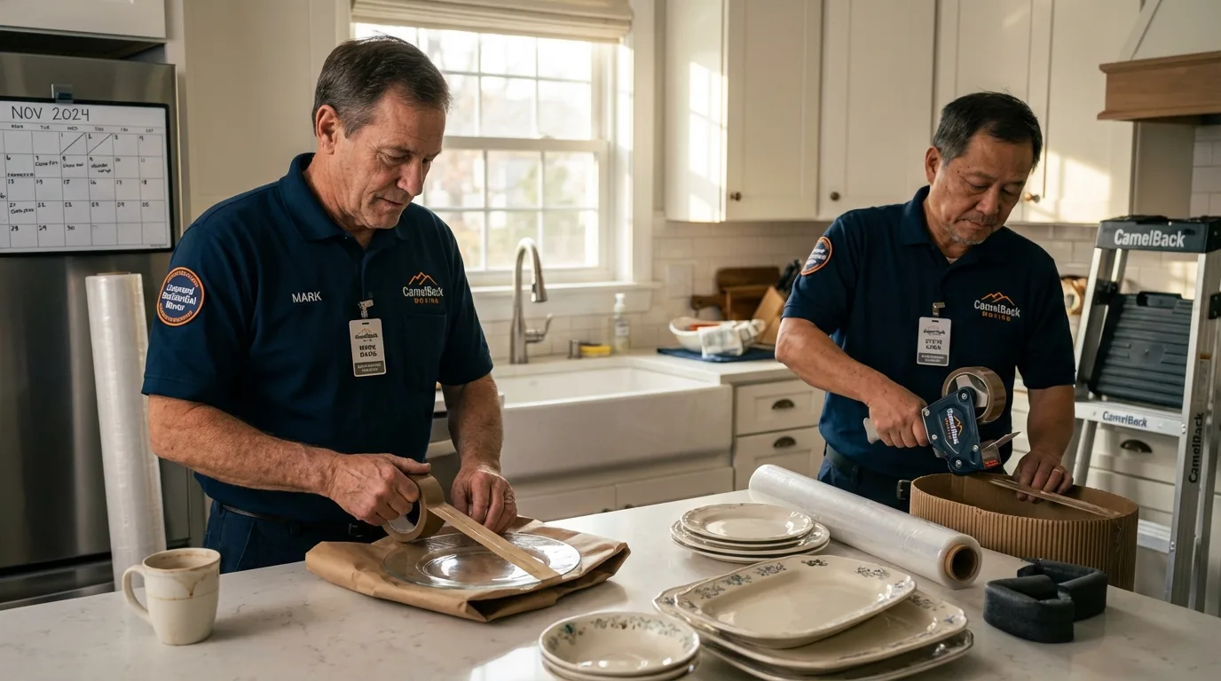 Professional crew packing kitchen dishware in Norway, ME